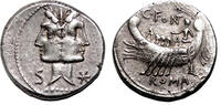 Roman Republic Denarius Mn. Fonteius AR Denarius. EF-. Dioscuri - Galley. -