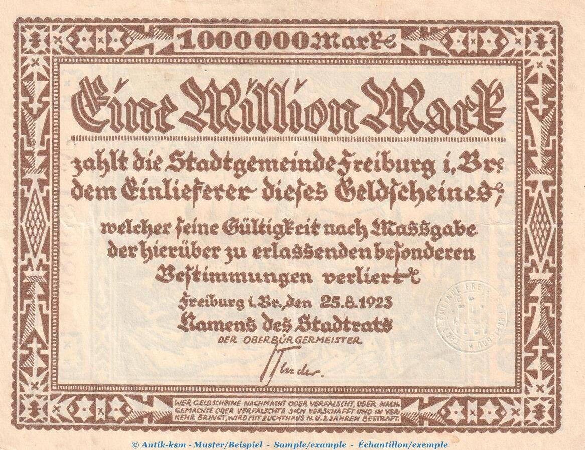 DE 1923 Notgeld Stadt Freiburg i.Br. 1 Million Mark Schein in gbr ...