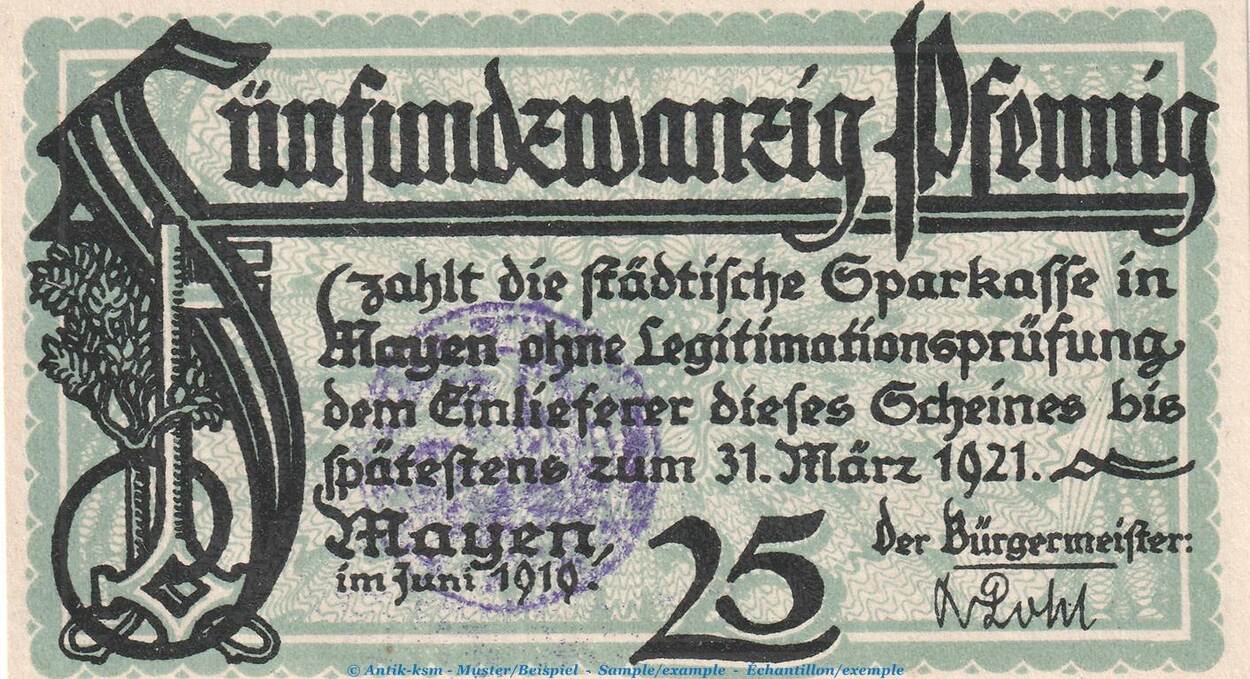 Notgeld DE 25 Pf. Notgeld Sparkasse Mayen, 25 Pfennig Schein in kfr ...