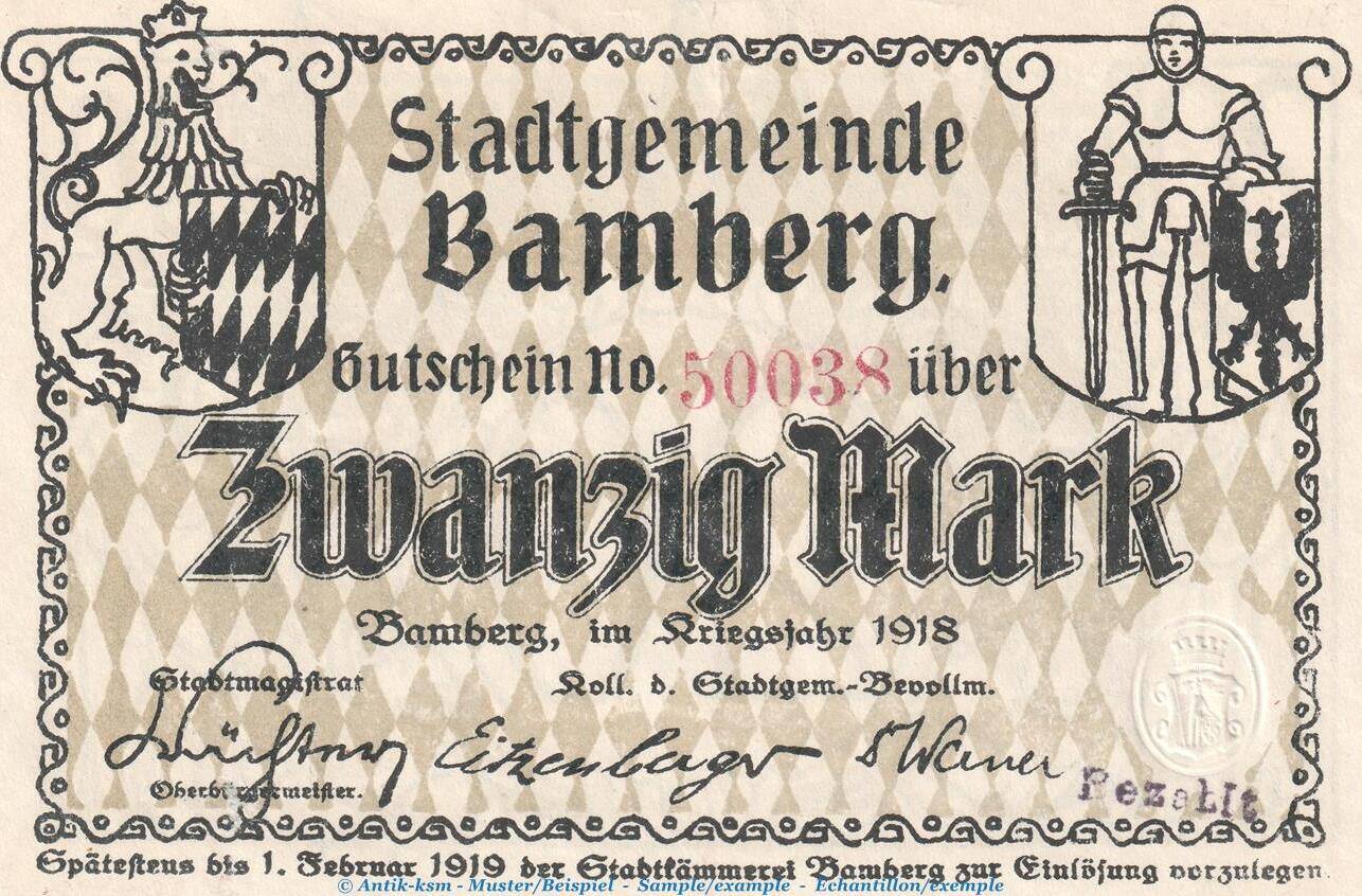 DE 20 Mk. Notgeld Stadt Bamberg, 20 Mark Schein in kfr.E, Geiger 028.02