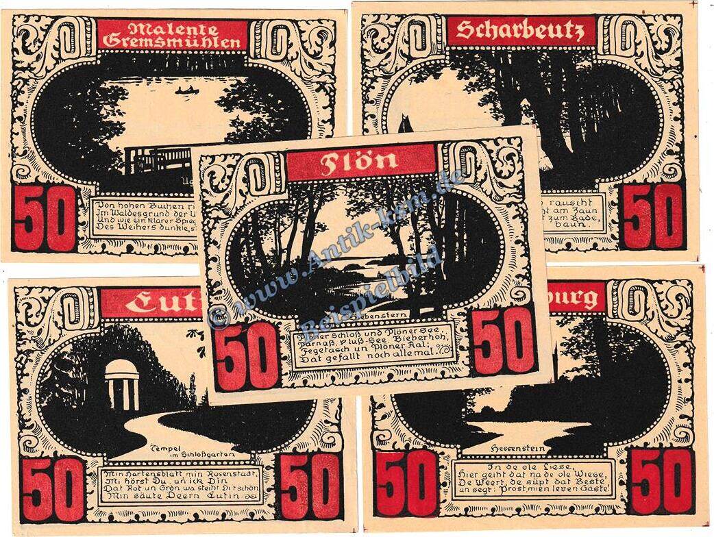 Paragraph 5 Schein Notgeld De 5 Scheine kpl. Plön, Notgeld Set mit 5 Scheinen in kfr. M-G