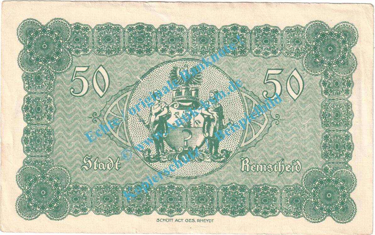 Großnotgeld 1918 50 Mk. Remscheid, Banknote 50 Mark Schein in gbr ...