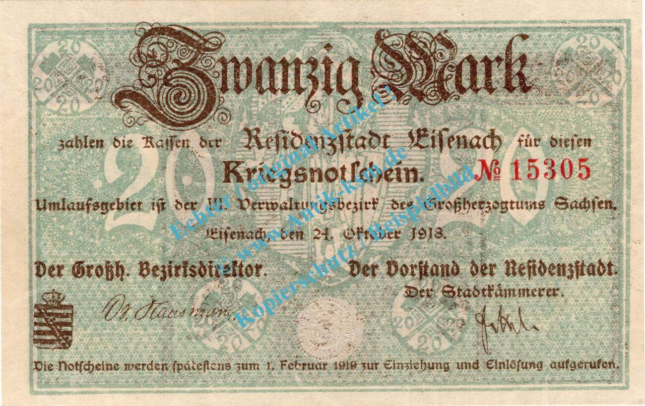 Großnotgeld 1918 20 Mk. Eisenach, Notgeld 20 Mark Schein In Kfr. Geiger ...