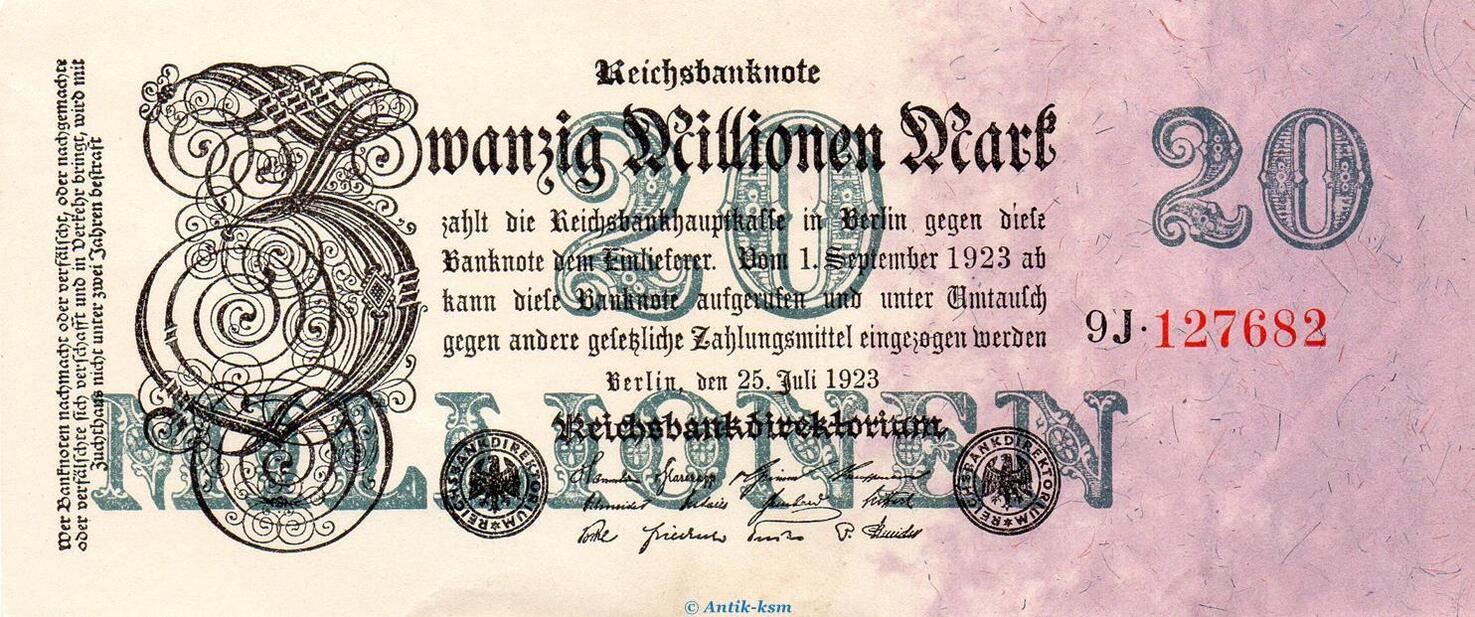 Inflation Deutschland Reichsbanknote, 20 Millionen Mark Schein kfr, DEU