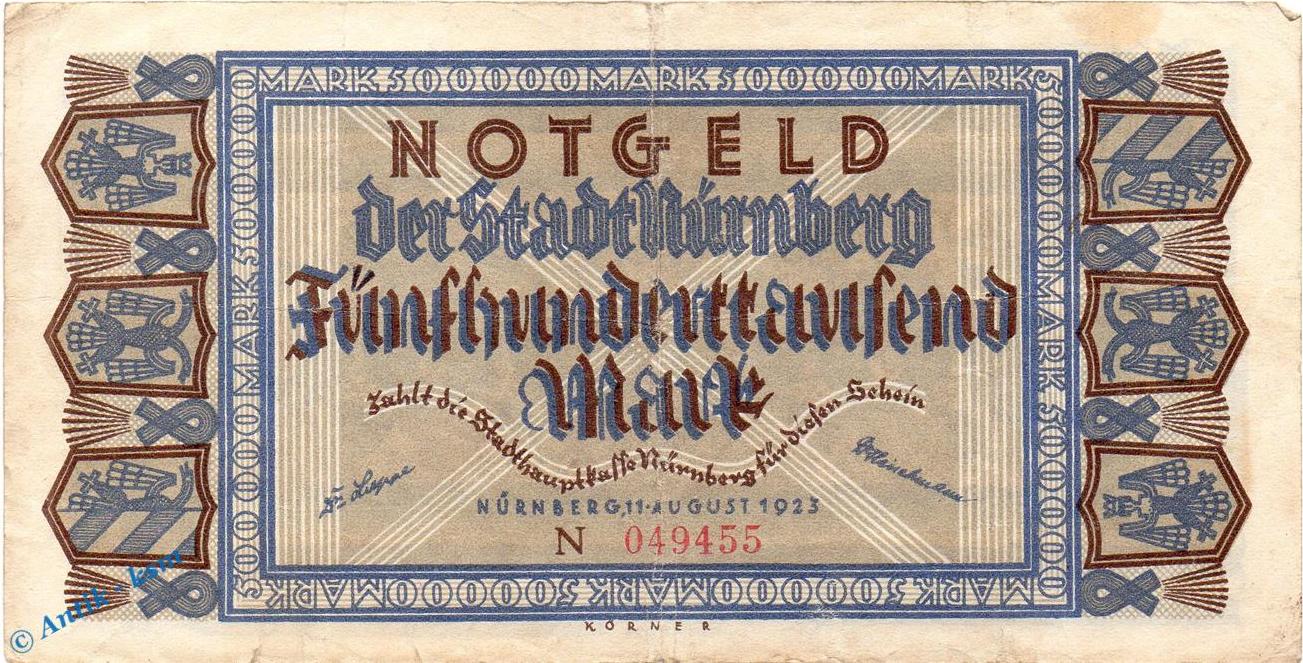 GERMANY 500000 MARK NURNBERG BANKNOTE NOTGELD 1923 GOOD CONDITION