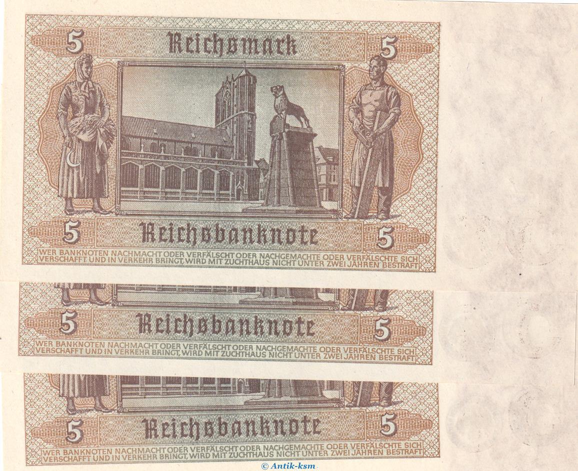 drittes <b>Reich</b> <b>3</b> x 5 Reichsmark Kn fortlaufend 1942 <b>3</b> x Reichsbanknote , 5 M...