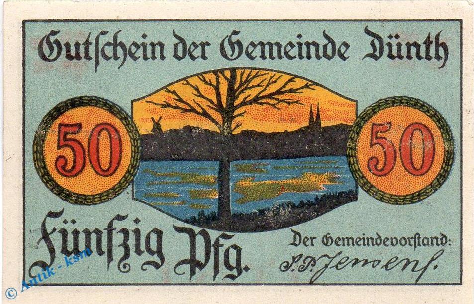 Notgeld DE 50 Pf. Dünth, Notgeld 50 Pfennig Schein In Kfr. M/G 297.1.a ...