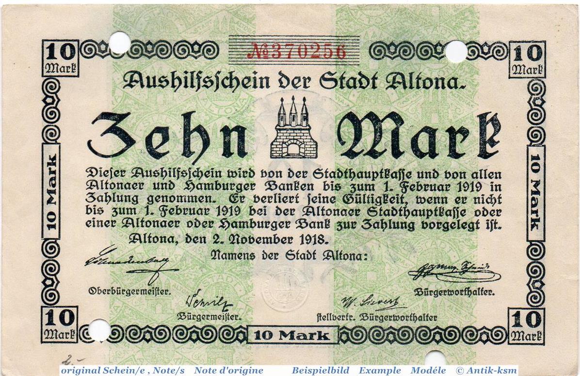 Großnotgeld De. 10 Mk. 1918 Banknote Altona, 10 Mark Schein in kfr.E ...