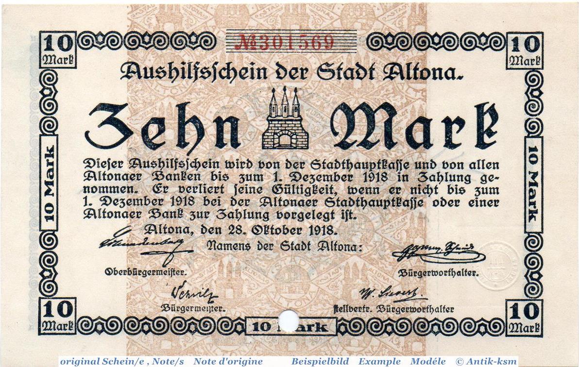 Großnotgeld Deutschland 1918 Banknote der Stadt Altona, 10 Mark Schein ...