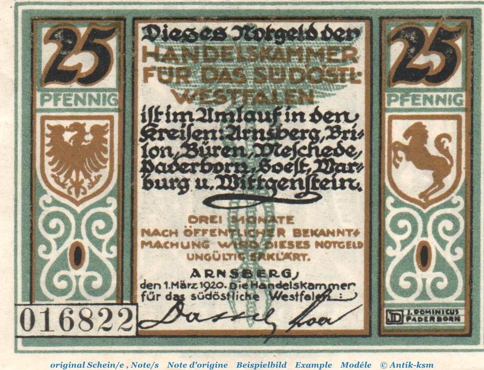 Notgeld Deutschland Notgeld Arnsberg 25 Pfennig Notgeld Handelskammer ...