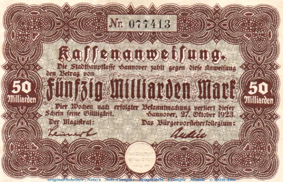 Inflation DE 50 Mia. Mk. 1923 Banknote Der Stadt Hannover, 50 ...