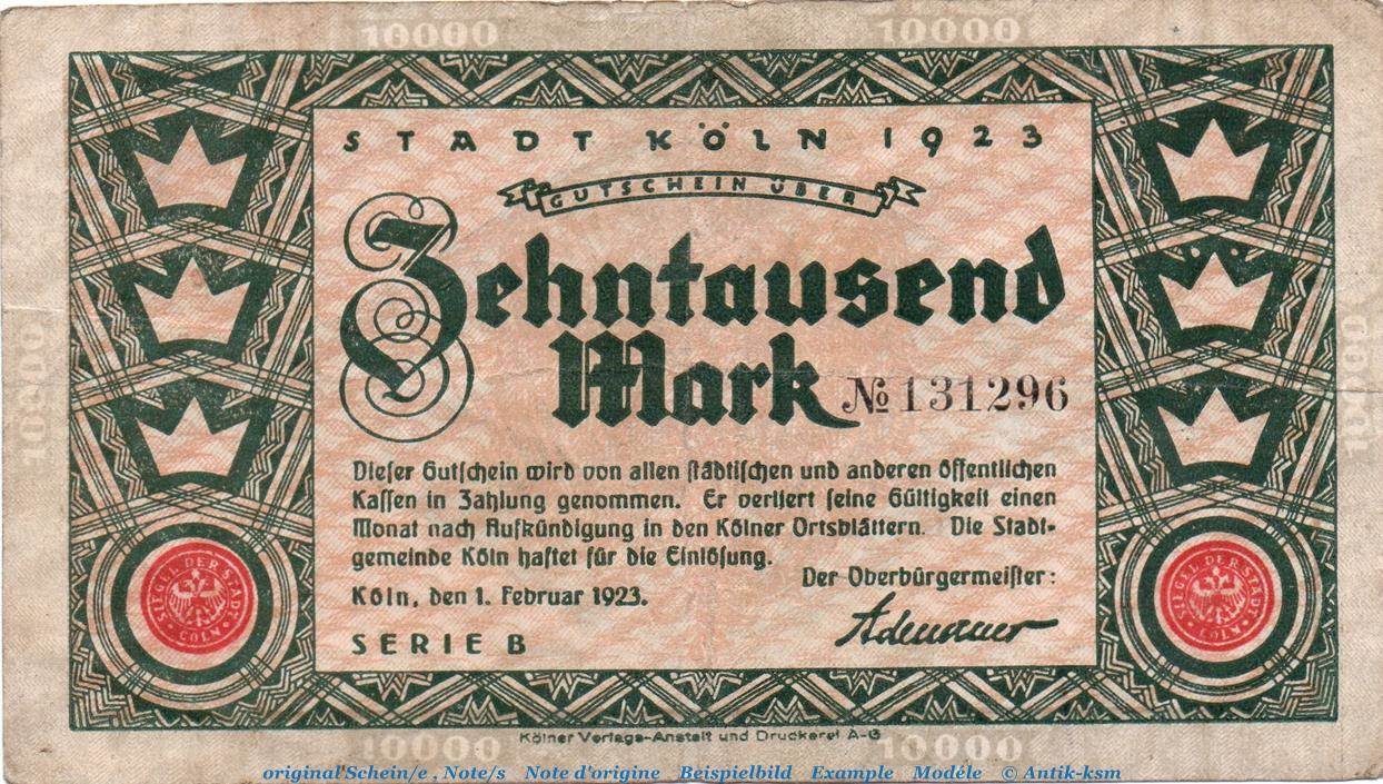 Großnotgeld Inflation Banknote der Stadt Köln, 10.000 Mark Schein in ...