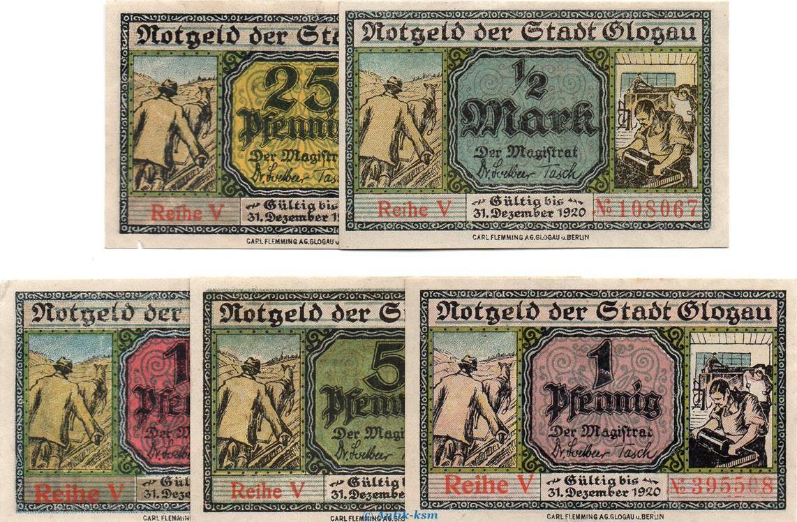 Notgeld De 5 Scheine kpl. o.D. 5 x Notgeld Stadt Glogau, Set mit 5 ...