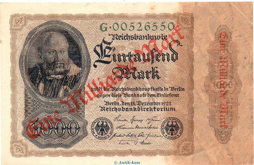 Inflation Deutschland 1922 23 Reichsbanknote, Überdruck 1 Milliarde 