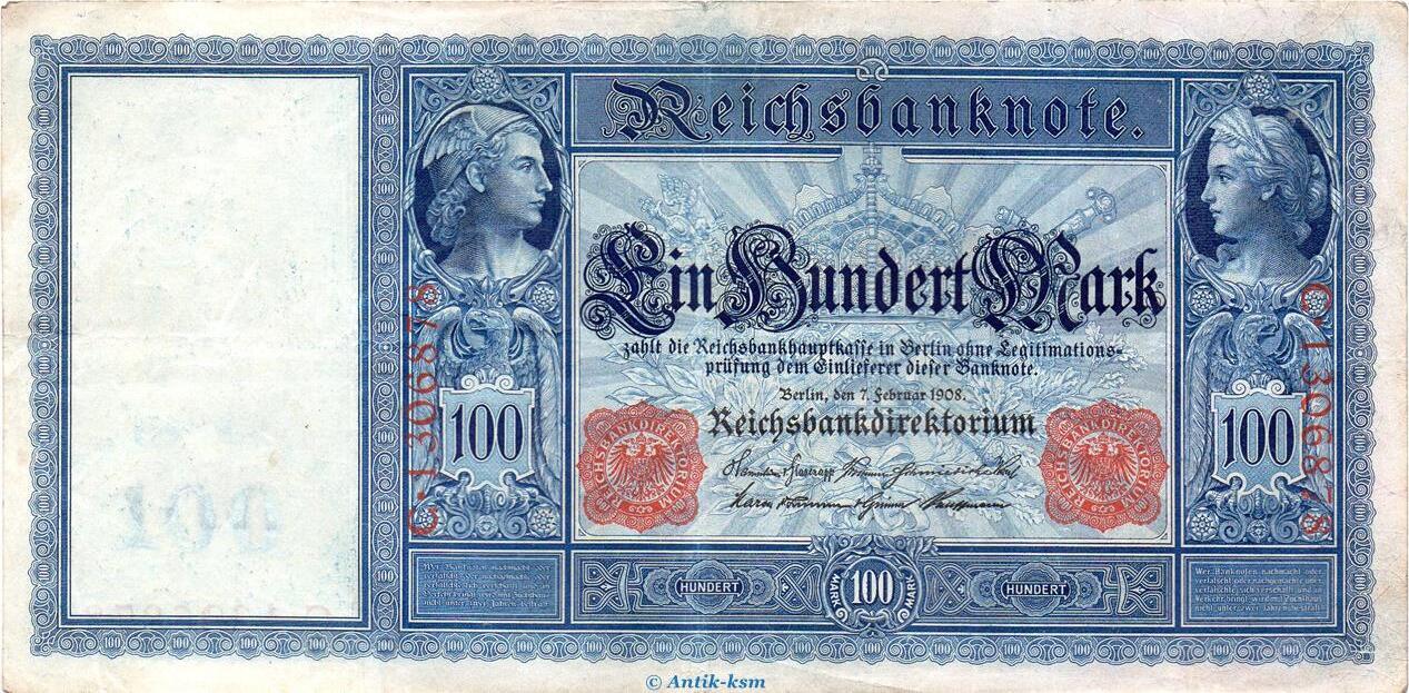 Deutsches Kaiserreich 100 Mark Schein 1908 Reichsbanknote, 100 Mark Schein  in gbr. DEU-32, Ros.35, P.35, vom 07.02.1908 circulated, 3 Русские монеты  из драгоценных