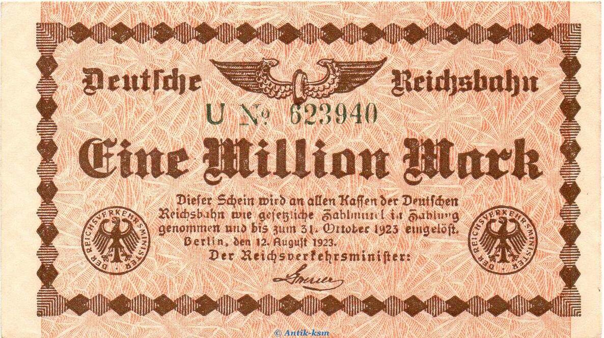 Reichsbahn De. 1 Mio. Mk. Banknote Reichsbahn, 1 Millionen Mark Schein in  kfr. RVM-1.a, S.1011, 1923 1 to 1- Русские монеты из драгоценных