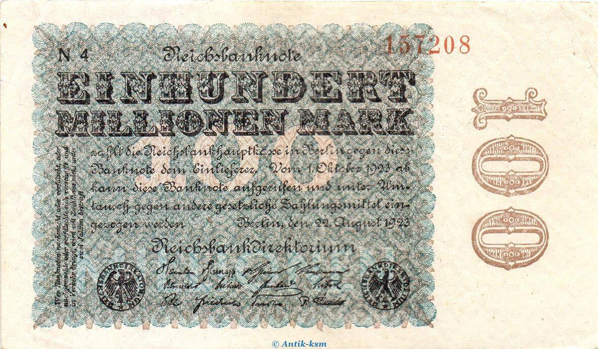 Weimarer Republik - Inflation 1923 Reichsbanknote, 100 Millionen Mark ...