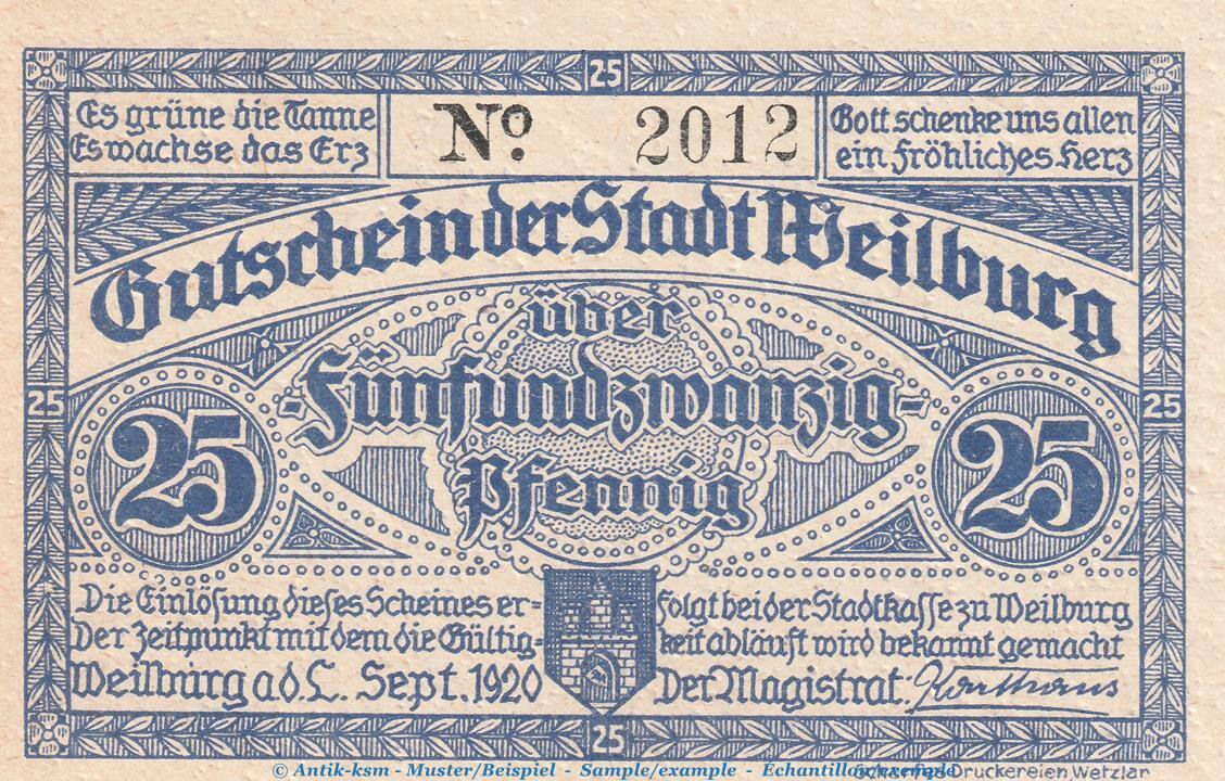 Notgeld Deutschland Notgeld Weilburg 25 Pfennig Notgeld Stadt Weilburg ...