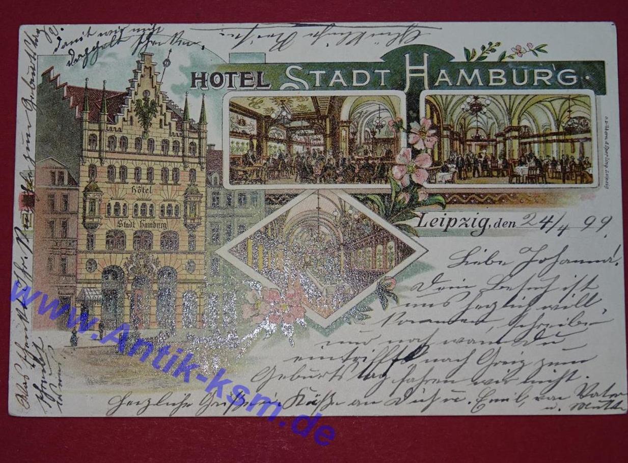 Ansichtskarten Ansichtskarte, Postkarte der Stadt Leipzig, Sachsen, Motiv  Hotel Stadt Hamburg, gelaufen im Jahr 1899, gute Erhaltung siehe Русские  монеты из драгоценных