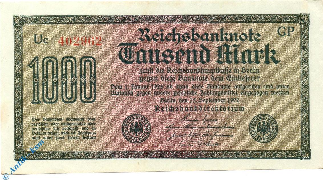 1 000 Mark Schein Inflation Deutschland Reichsbanknote Uber 1 000 Mark Wellen In Kfr Deu 86d Ros75 P 76 1922 Unc 1 To 1 Ma Shops