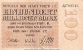 DE 100 Mio. Notgeld Stadt Fürth, 100 Million Mark Schein in gbr. Keller 1654.h von 1923 BAY -