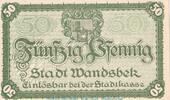 DE 50 Pf. Notgeld Stadt Wandsbeck , 50 Pfennig Schein in kfr. Tieste 7695.10.05 von 1918 -