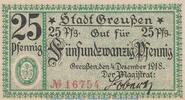 DE 25 Pf. Notgeld Stadt Greussen , 25 Pfennig Schein in kfr. Tieste 2455.05.01 von 1918 -