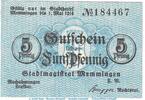 Notgeld 5 Pfennig Schein Notgeld Stadt Memmingen , 5 Pfennig Schein in kfr. Tieste 4495.05.01 o.D. Bayern -