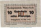 Kleingeld 1914-1922 10 Pf. Notgeld Marktgemeinde Stammbach , 10 Pfennig Schein in kfr. Tieste 7070.05.15 -