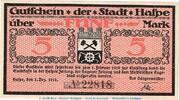 Großnotgeld 1918 DE 5 Mk. Notgeld Stadt Haspe , 5 Mark Schein in kfr. Geiger 224.01 von 1918, Westfalen -