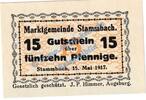 Kleingeld 1914-1922 15 Pf. Stammbach , Notgeld 15 Pfennig -60x40- in kfr. Tieste 7070.05.47 , Bayern 1917 -