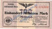 Inflation DE 100 Mio. Mk. Breslau , Banknote 100 Millionen Mark Schein in kfr. Keller 603.c Schlesien 1923 -