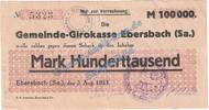 Inflation 100.000 Mk. Ebersbach , Banknote 100.000 Mark Schein in gbr. Keller 1211.a-b Sachsen 1923 -