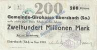 Inflation 200 Mio. Mk. Ebersbach , Banknote 200 Millionen Mark Schein in gbr. Keller 1213.i , Sachsen -