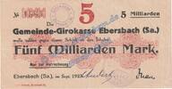 Inflation 5 Mia. Mk. Ebersbach , Banknote 5 Milliarden Mark Schein in L-gbr. Keller 1213.k , Sachsen -