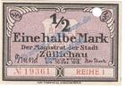 Notgeld De 1/2 Mk. Züllichau , Notgeld 1 halbe Mark Schein in kfr.E Tieste 8280.10.08 , Brandenburg -