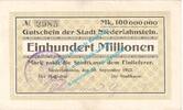 Inflation DE 100 Mio. Mk. Niederlahnstein , Notgeld 100 Millionen Mark Schein in L-gbr. Keller 3918.e , HE -