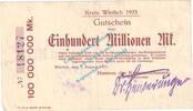 Inflation DE 100 Mio. Mk. Wittlich , Notgeld 100 Millionen Mark Schein in gbr. Keller 5682.f , Rheinland -