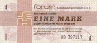 Forum 1 Mk. Banknote , 1 Mark Scheck in gbr. DDR-30, Ros.368, FX2, DDR 1979 Forum-Aussenhand -