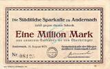 Inflation DE 1 Mio. Mk. Andernach , Banknote 1 Million Mark Schein in gbr. Keller 98.a , Rheinland 1923 -