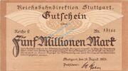 Inflation 1923 DE 5 Mio. Mk. Stuttgart , Banknote 5 Millionen Mark Schein in unc-kfr. Keller 4926.c BaWü 1923 -