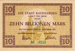 Inflation 1923 DE 10 Bio. Mk. Ravensburg , Banknote 10 Billionen Mark Schein in unc-kfr Keller 4453.f , WÜR -