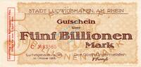 Inflation 1923 DE 5 Billionen Mk. Ludwigshafen , Banknote 5 Billionen Mark Schein in unc-kfr Keller 5328.g , Pfalz -