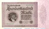 Weimarer Republik - Inflation 100.000 Mark Reichsbanknote , 100.000 Mark Schein in kfr. DEU-93.d , Ros.82, P.83 -