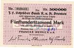 Inflation 1923 DE 500.000 Mk. Bremen , Banknote 500.000 Mark Schein unc-kfr. Keller 585.d , NDS von 1923 -