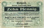 Kleingeld 1914-1922 10 Pf. Mückenberg , Notgeld 10 Pfennig Schein in gbr. Ti.4640.05.01 , Brandenburg 1919 -