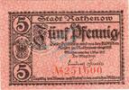 Kleingeld 1914-1922 5 Pf. Rathenow , Notgeld 5 Pfennig Schein unc-kfr. Ti.5915.10.10 Brandenburg 1917 Verk -