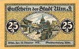 Kleingeld 1914-1922 25 Pf. Ulm , Notgeld 25 Pfennig Schein unc-kfr. Ti.7520.10.01 , Württemberg 1918 Verkeh -
