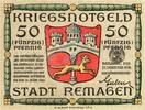 Kleingeld 1914-1922 DE 50 Pf. Remagen , Notgeld 50 Pfennig Schein unc-kfr. Ti.6015.10.02 , Rheinland 1918 Verk -