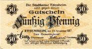 Kleingeld 1914-1922 DE 50 Pf. Ettenheim , Notgeld 50 Pfennig Schein unc-kfr. Ti.1815.05.05 , Baden 1917 Verkeh -